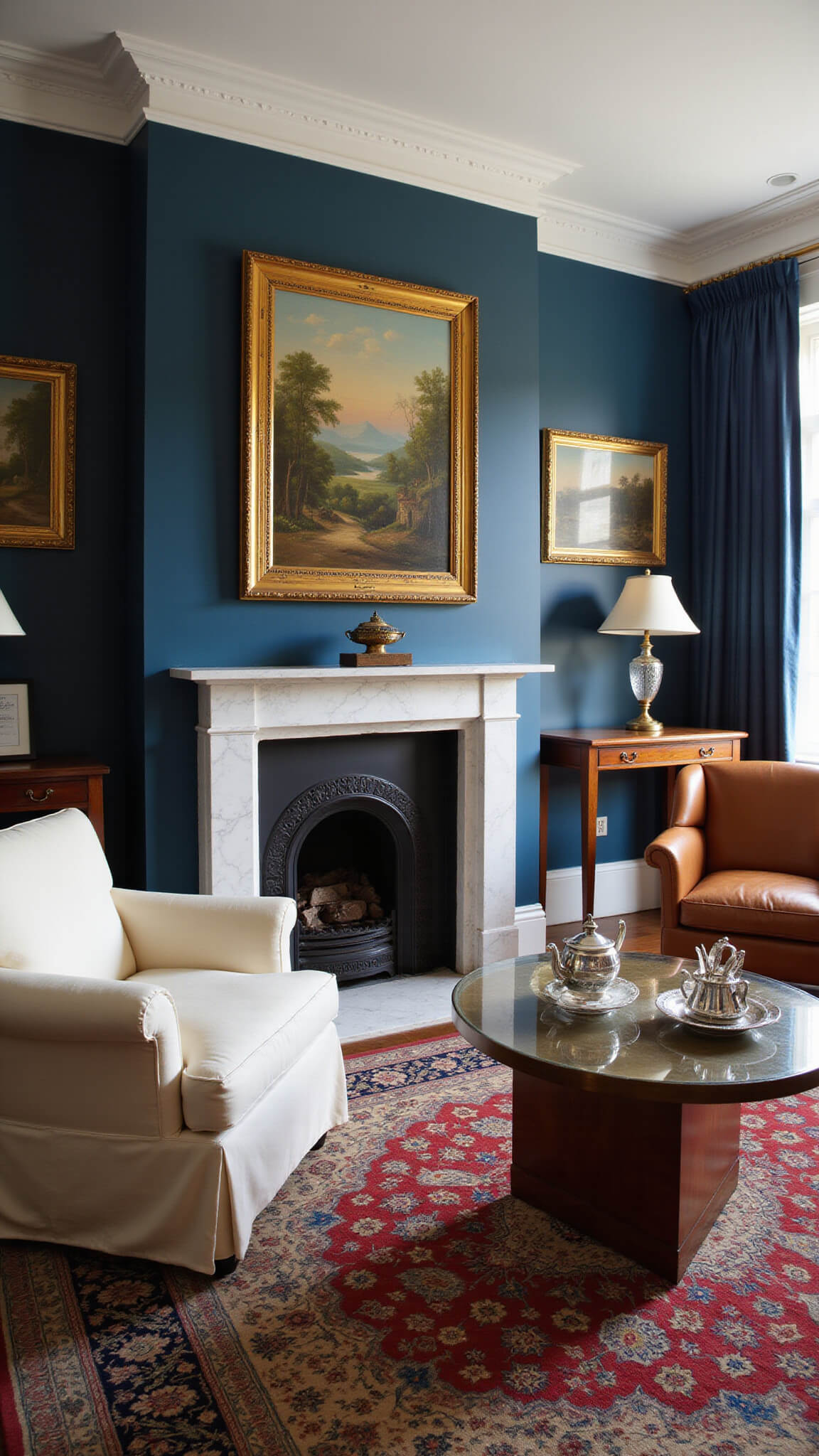 Elegant drawing room with navy walls, ivory linen sofa, cognac leather chairs, marble fireplace, Persian rug, and crystal sconces.
