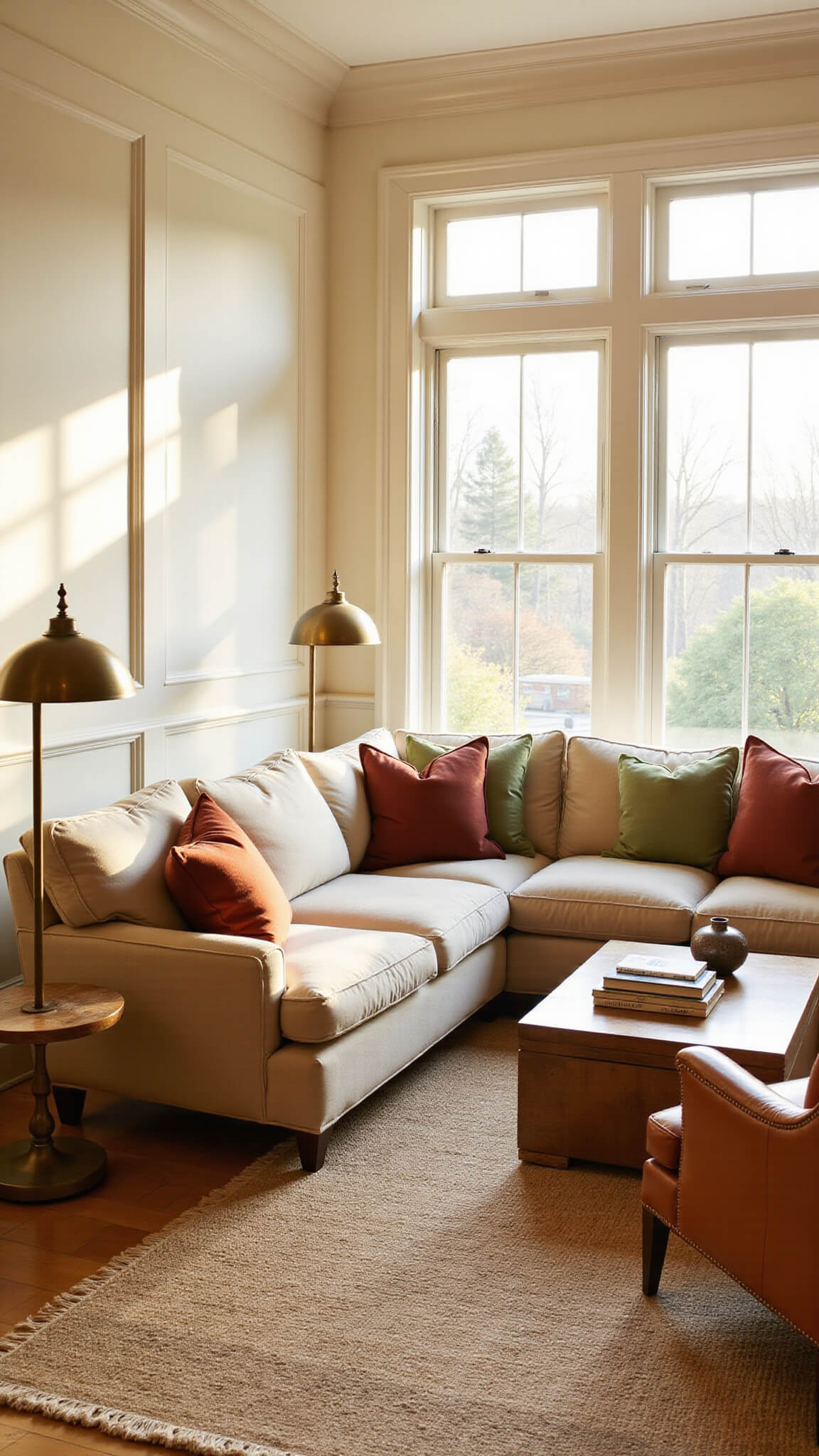 Sunlit living room with cream walls, oatmeal sectional, cognac leather armchair, and layered rugs during golden hour.