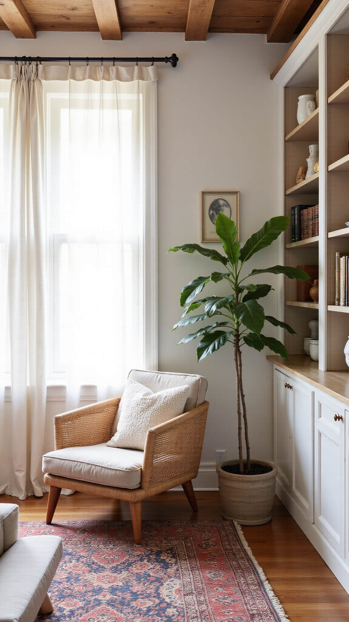 Cozy living room with morning light through sheer curtains, layered rugs, rattan chair, wool pillows, wood beams, fiddle leaf fig, and styled bookshelves.