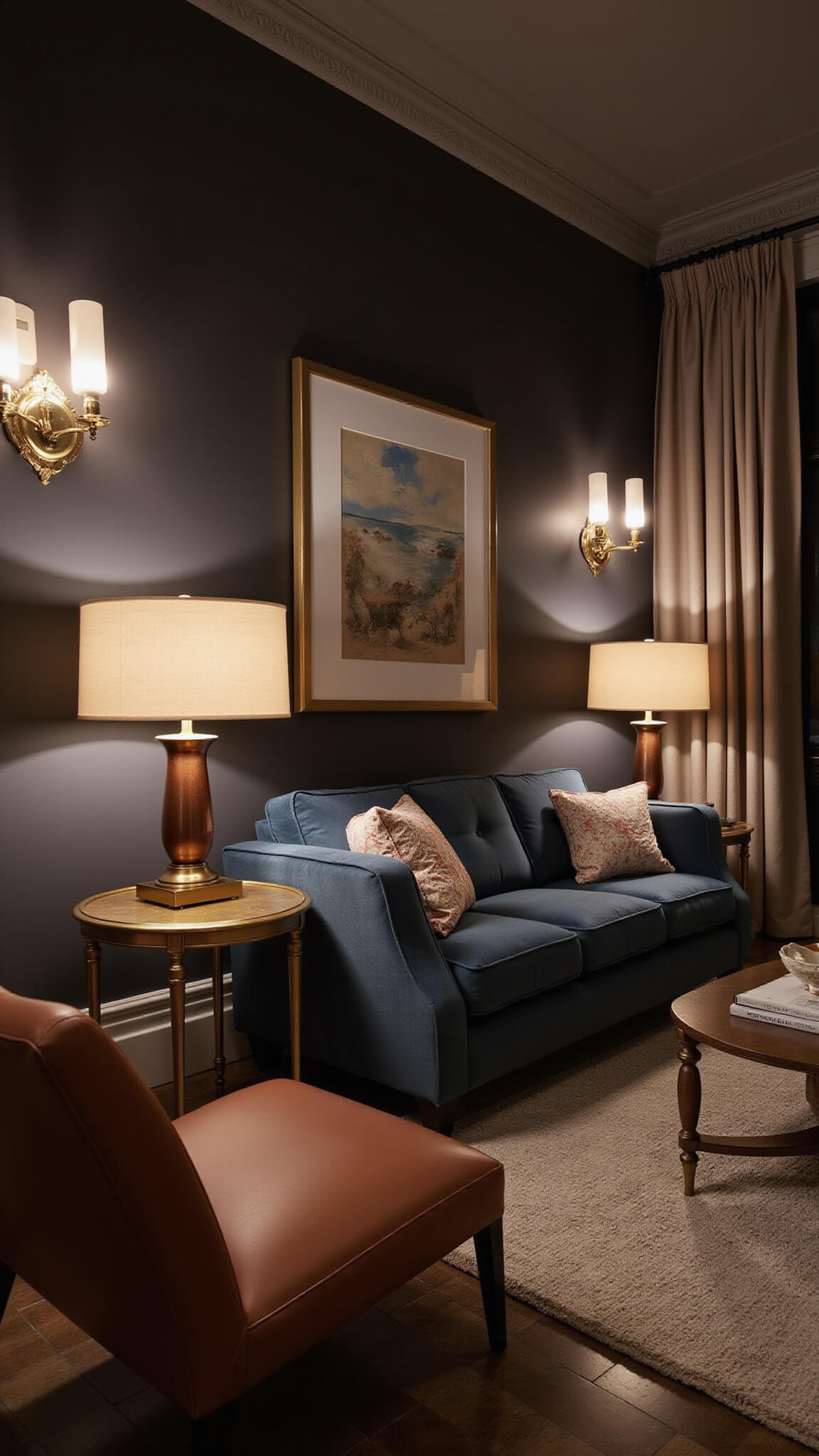 Elegant dusk-lit living room with layered lighting, featuring a charcoal velvet sofa, linen-shaded table lamps, brass wall sconces, and a patterned pendant light, accented by copper and gold decor.