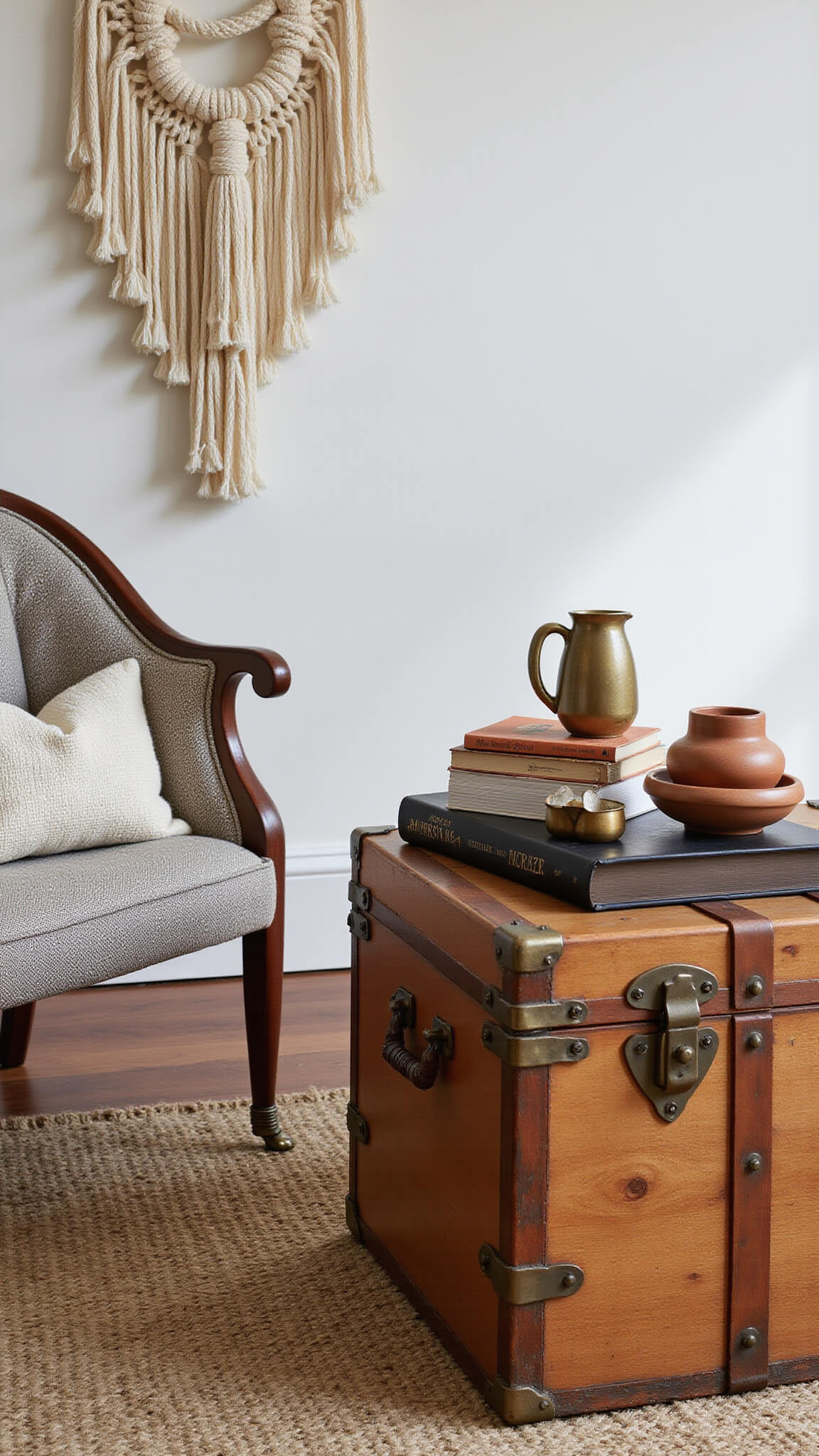 Close-up of vintage trunk coffee table styled with pottery, art books, and brass decor, surrounded by textured sisal rug, bouclé chair, and macramé wall hanging in soft natural light.
