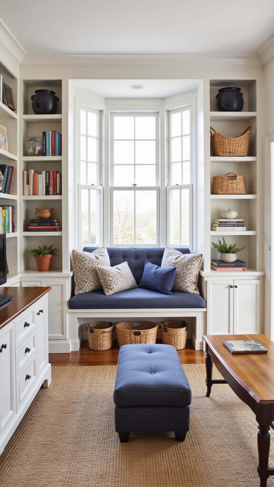 Storage-savvy living room with built-in window seats, hidden storage, floor-to-ceiling white bookshelves, woven baskets, and navy-accented warm neutral decor, lit by afternoon sunlight.