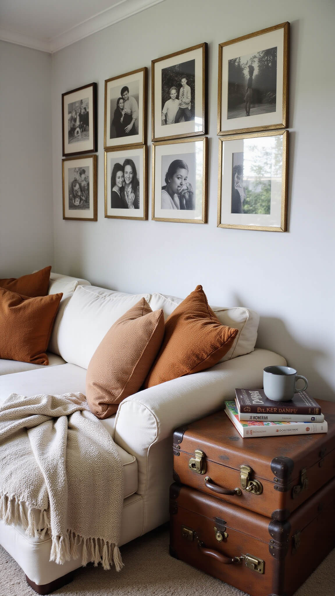 Cozy living room corner with earth-toned linen sectional, rumpled throws, mismatched pillows, vintage suitcase side table, and gallery wall of family photos in warm afternoon light.