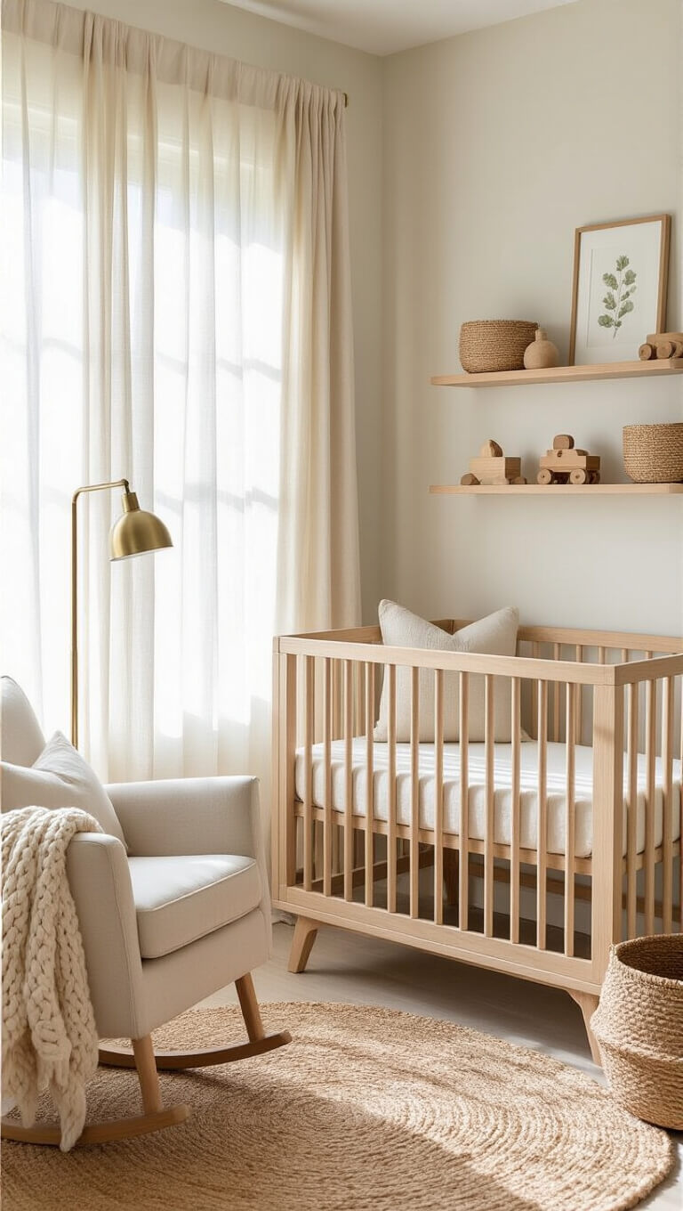 Modern nursery with oak crib, oatmeal glider, and soft morning light through linen curtains
