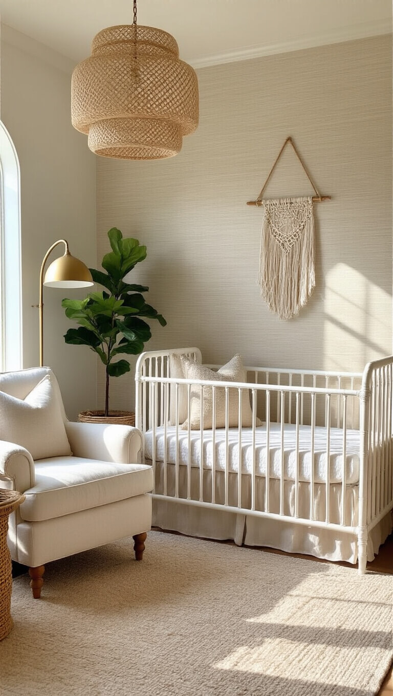 Serene 10x12ft nursery corner with white iron crib, cream boucle armchair, brass side table, and greige grasscloth wallpaper during golden hour.