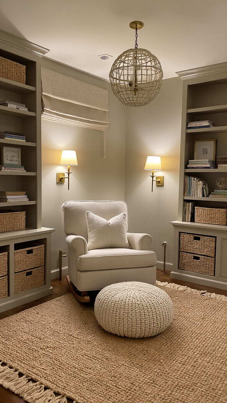 Cozy nursery reading nook at dusk with cream rocker, taupe bookshelves, brass sconces, ivory pouf on jute rug, and linen roman shades.