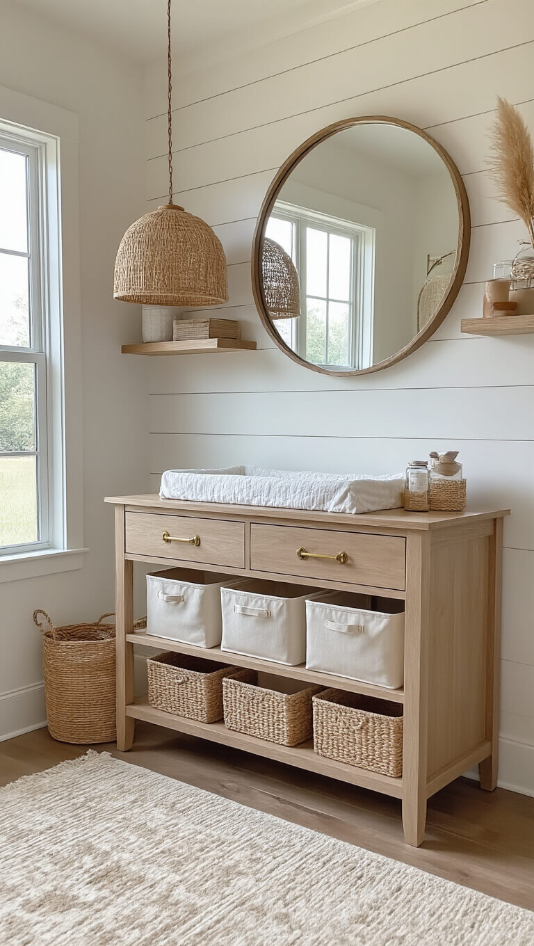 Wide-angle view of a symmetrical nursery changing station with a white oak table, brass hardware, labeled canvas bins, floating shelves, round mirror, and woven pendant lighting.