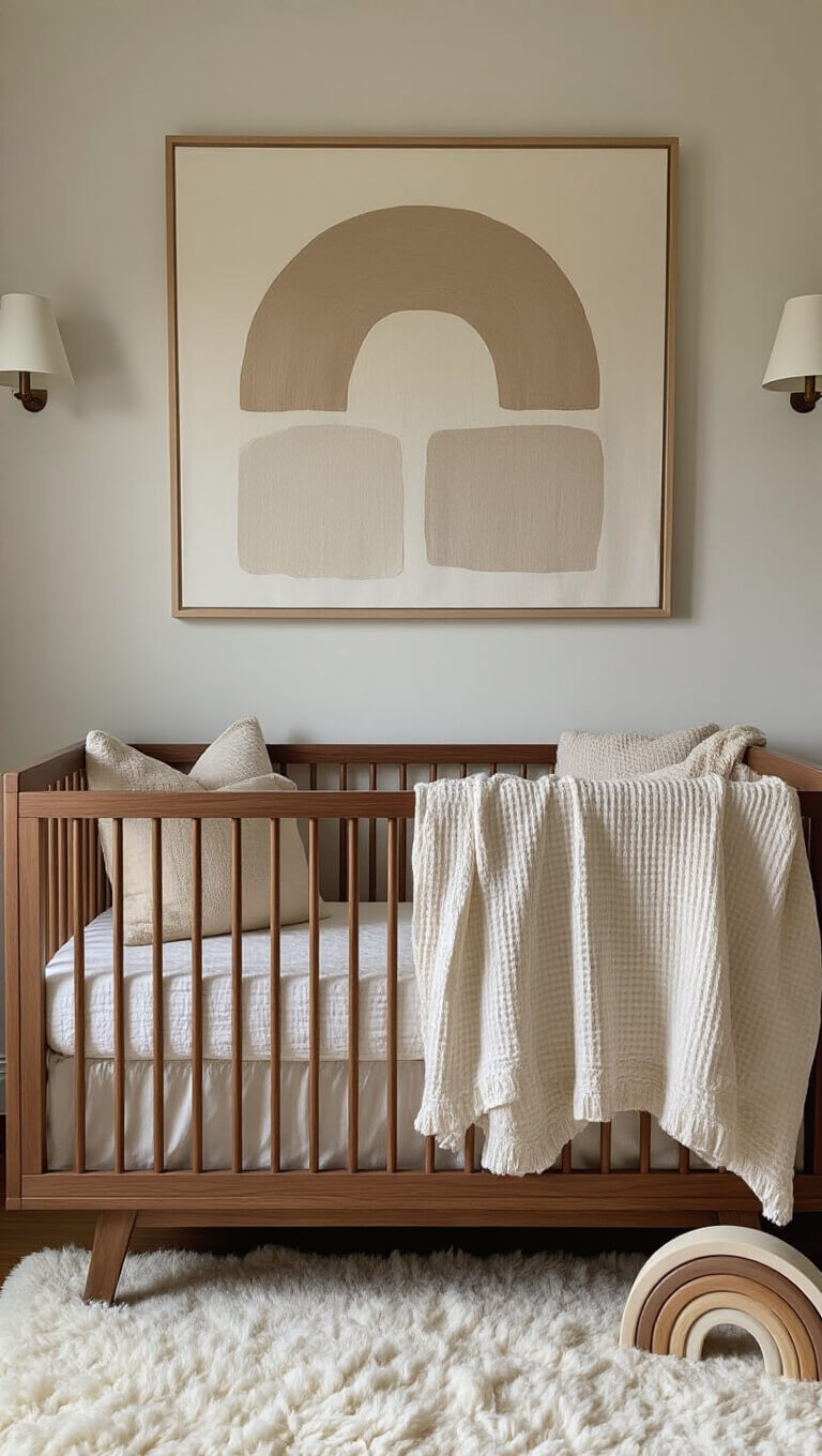 Close-up of a modern walnut crib with layered neutral linens in a softly lit nursery, featuring abstract wall art, a Mongolian wool rug, and cozy dimmed sconces.