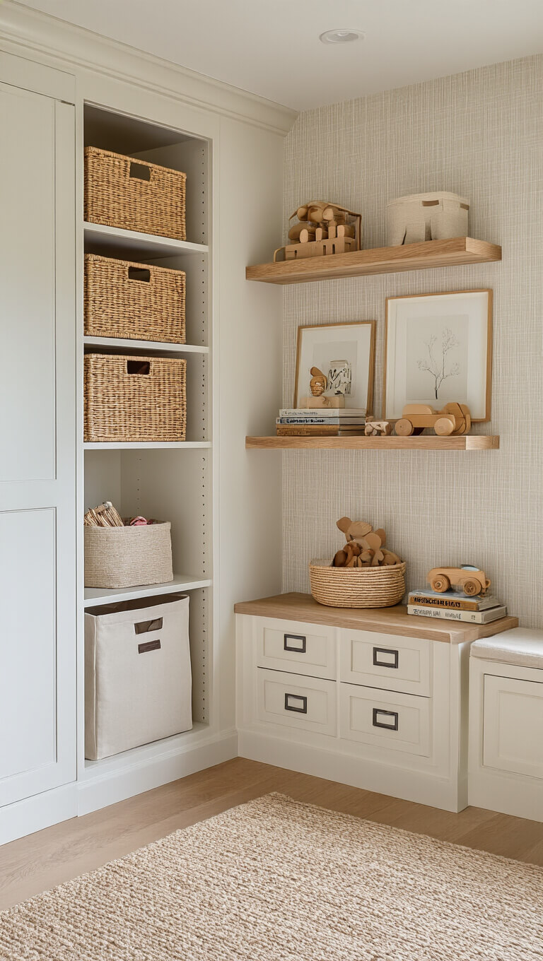 Organized built-in closet with rattan baskets and labeled bins, floating shelves holding neutral-toned toys and books, set against pale greige textured wallpaper in morning light.