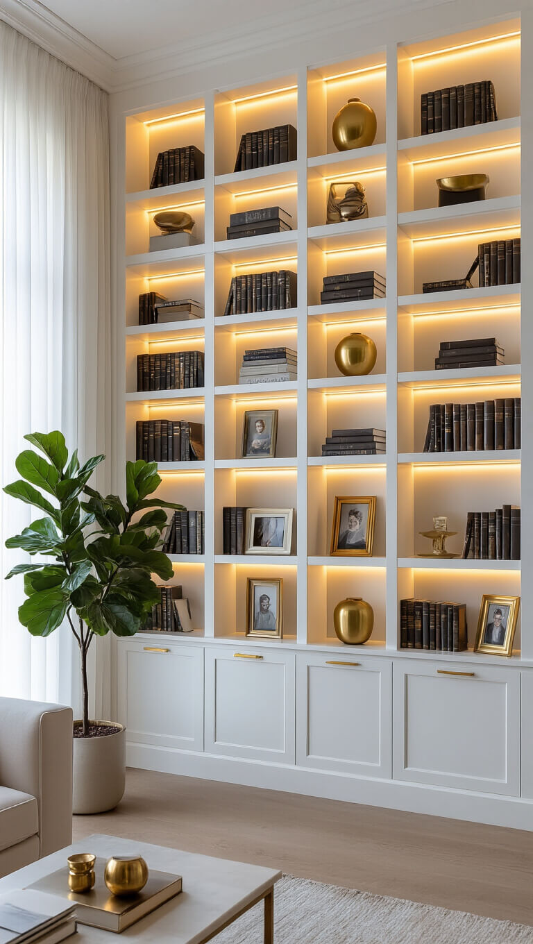 Sophisticated living room with tall white built-in bookshelves, warm LED lighting, brass decor, fiddle leaf fig, and natural golden hour light through sheer curtains.