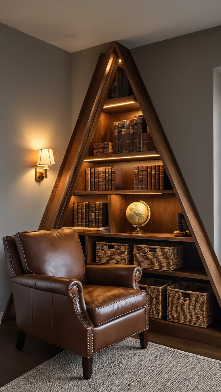 Corner library nook with tall triangular walnut shelves, warm LED sconces, cozy reading chair, leather-bound books, and vintage decor in a moody dusk-lit urban apartment.