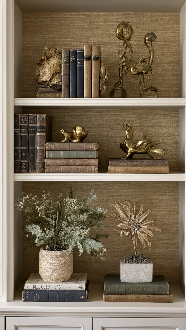 Artistic built-in bookcase with vintage books, brass sculptures, and botanicals on textured grasscloth backing in soft afternoon light.
