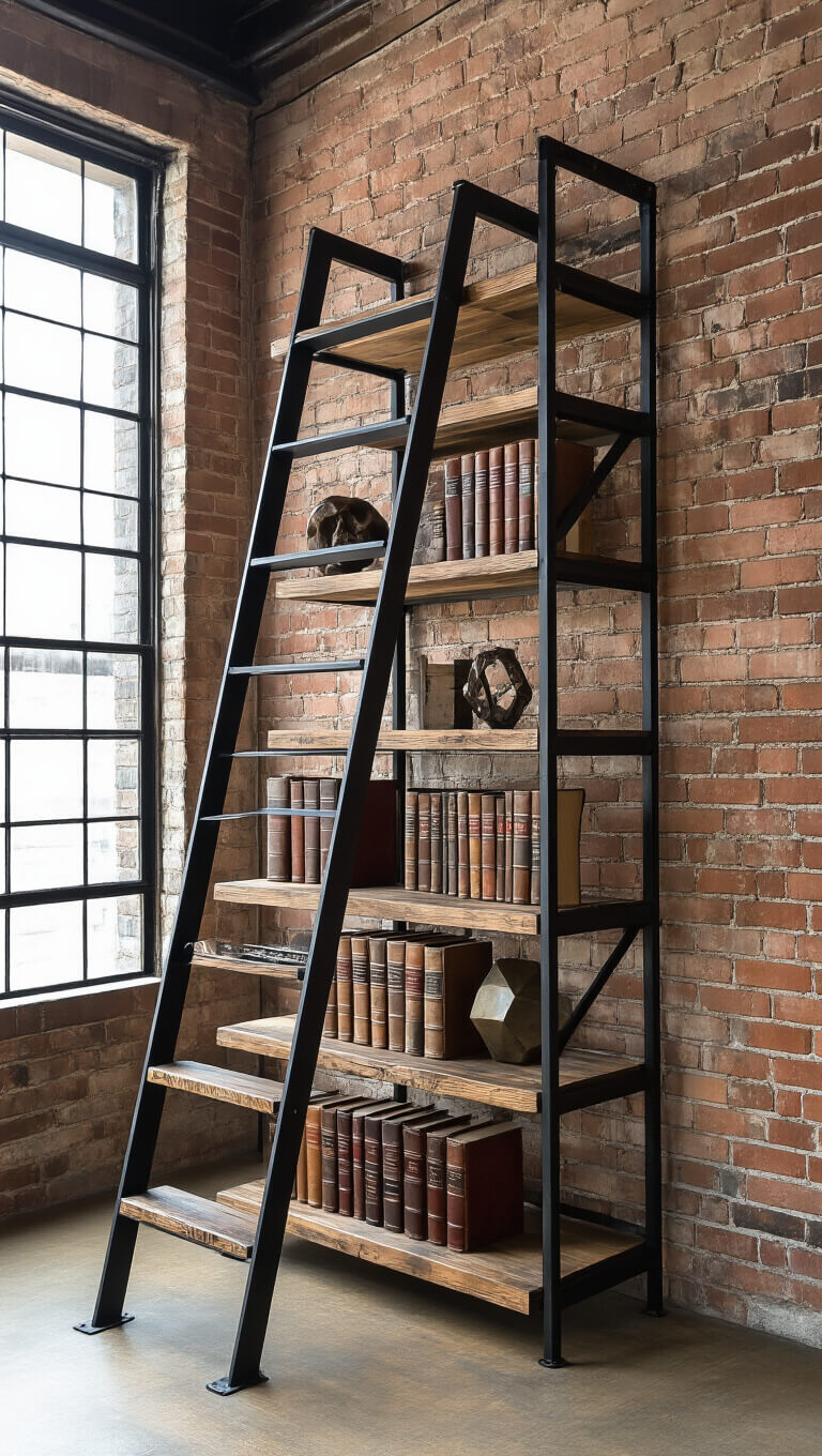 Industrial-modern bookshelf with black steel frame and reclaimed wood shelves in loft with exposed brick, styled with vintage books, artifacts, and sculptures, ladder angled, shot from low angle.