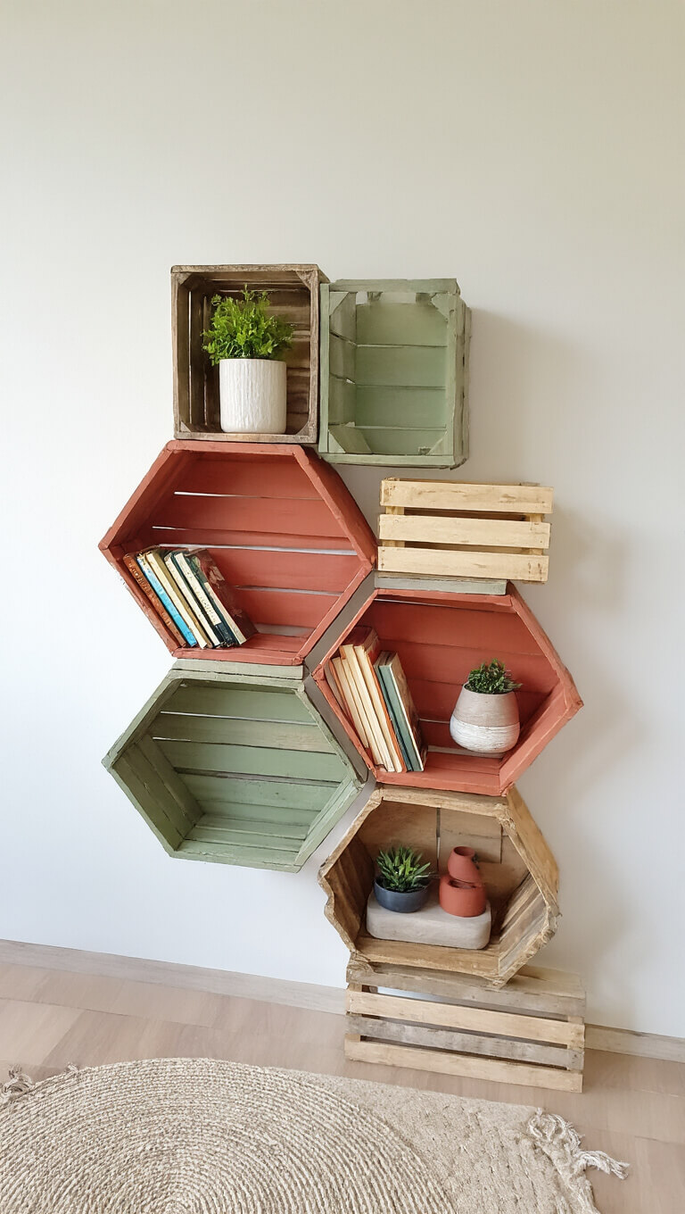 DIY modular bookshelf made of six weathered wooden crates in a honeycomb pattern on a white wall, interiors painted sage, terracotta, and cream; styled with color-coordinated books, plants, and ceramics in soft morning light.