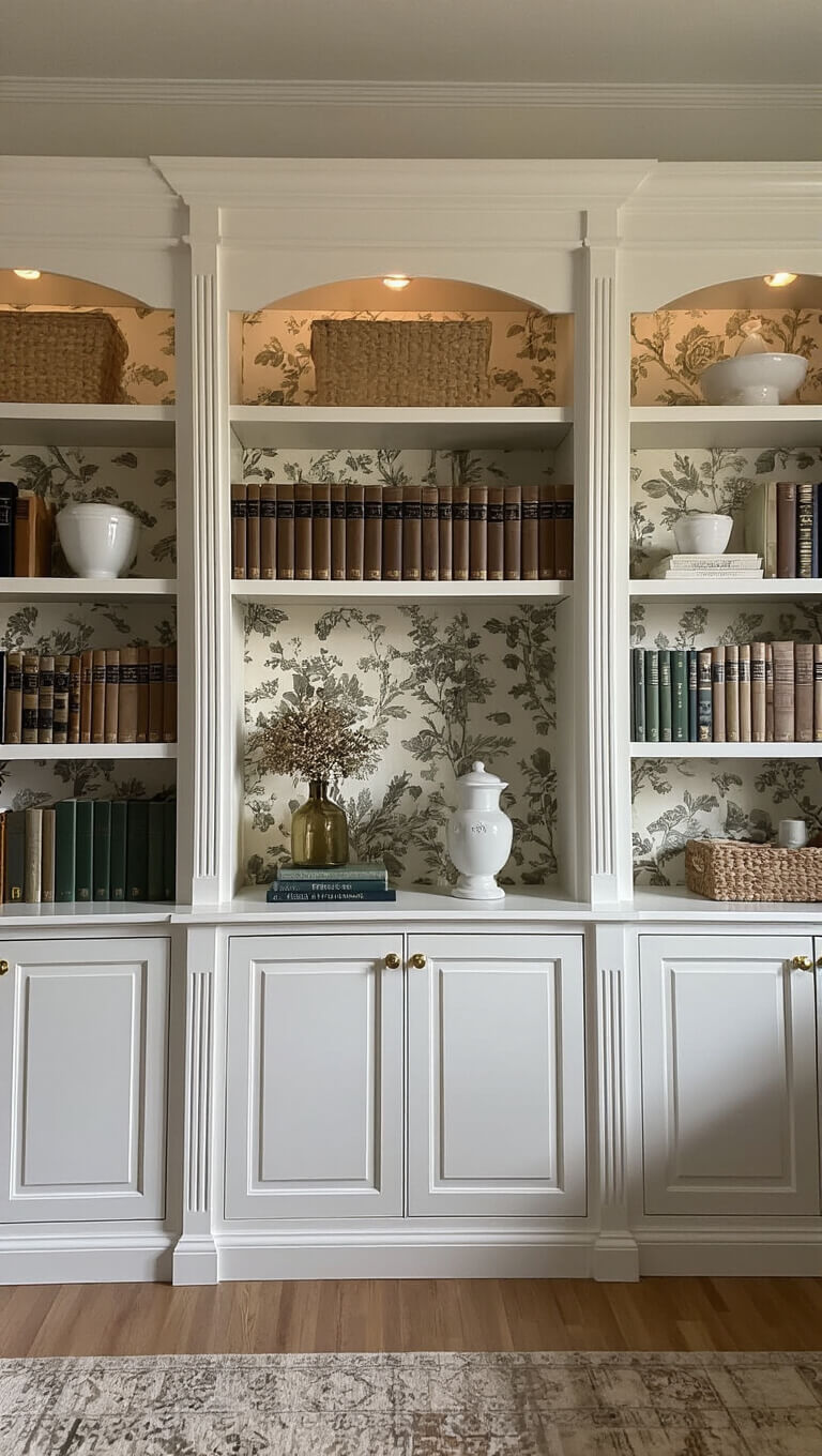 BILLY bookcase makeover with molding, brass hardware, and vintage botanical wallpaper, styled with books and ceramic decor in warm evening light.