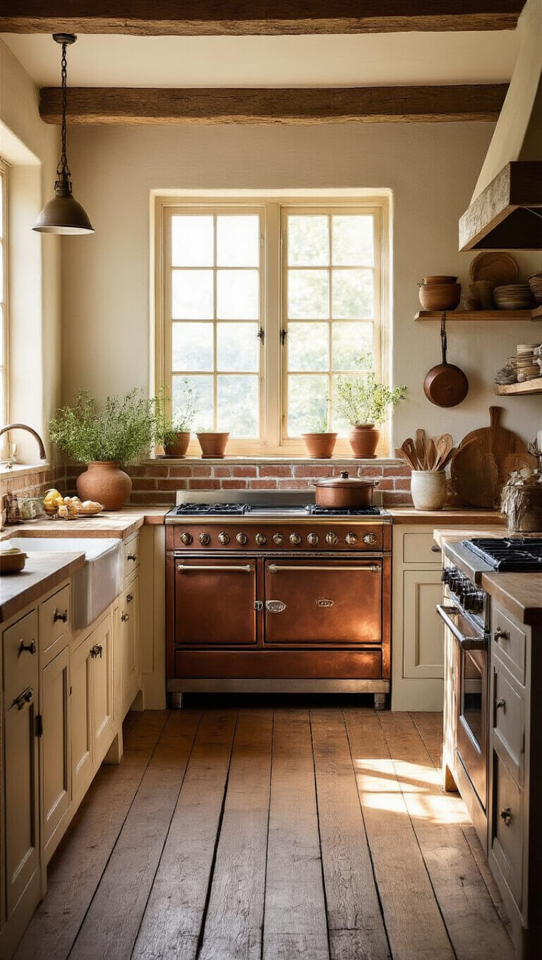 Rustic 12x15ft kitchen with oak floors, cream plaster walls, exposed beams, and golden hour light highlighting a copper range, butcher block island with pottery and herbs, farmhouse sink, and hanging cast iron cookware.