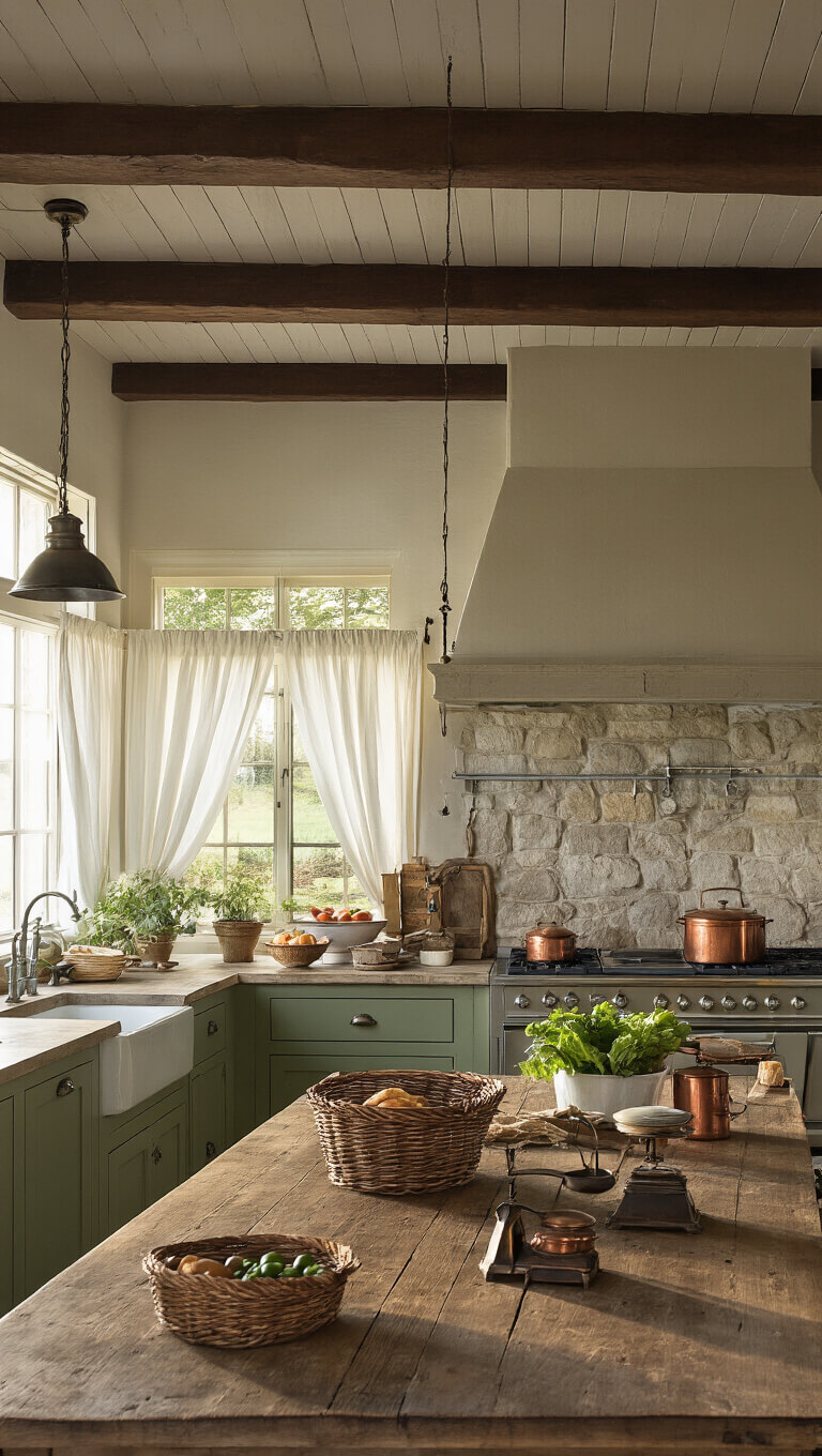 Spacious farmhouse kitchen at dawn with sage green cabinets, dark walnut ceiling beams, stone hearth, and rustic pine table with produce and antique decor.
