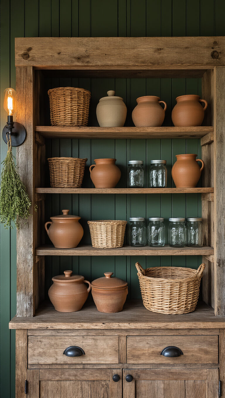 Rustic pantry corner with earthenware crocks, woven baskets, and mason jars on weathered wood shelves against green beadboard walls, softly lit by Edison bulb and natural blue hour light.
