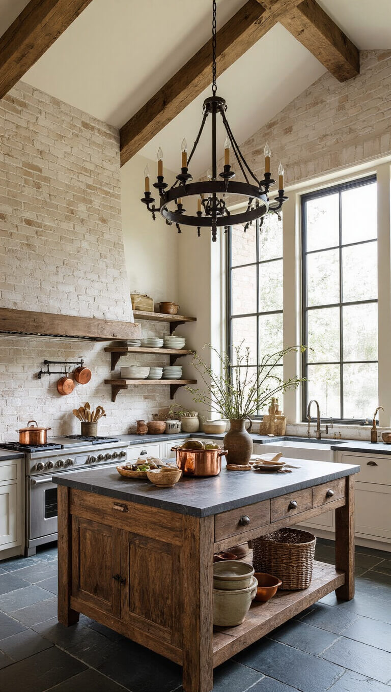 Rustic kitchen with cathedral ceiling, timber island, copper cookware, and atmospheric window light.