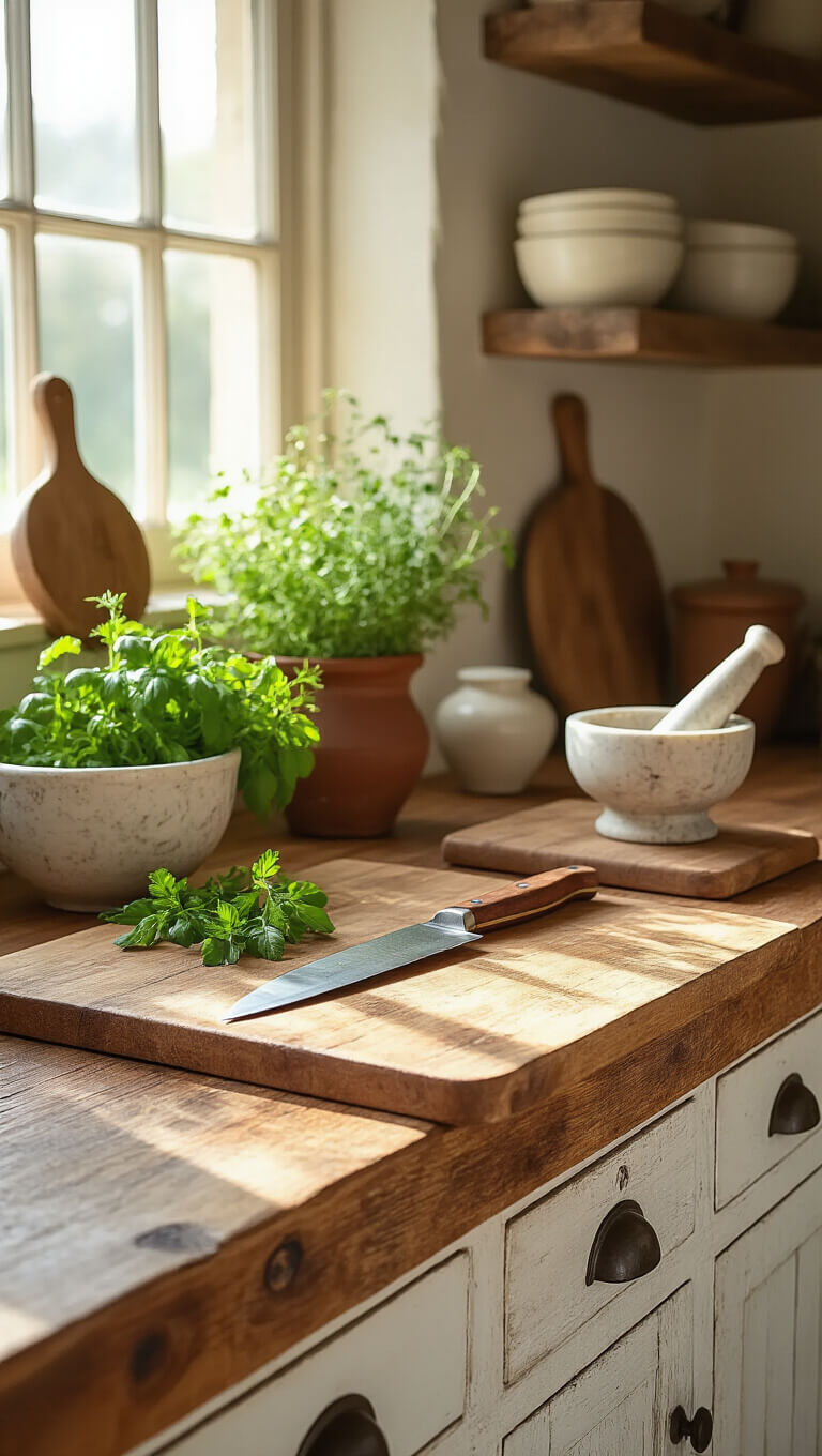 Close-up of rustic kitchen prep area with honey-toned wooden countertops, antique cutting boards, marble mortar and pestle, and fresh herbs in terracotta pots, bathed in afternoon light.