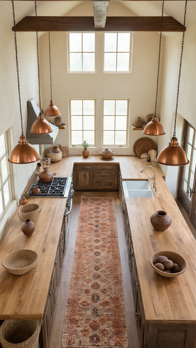 Overhead view of symmetrical 20ft galley kitchen with twin reclaimed wood islands, copper pendant lights, vintage rugs, and morning light on cream plaster walls.