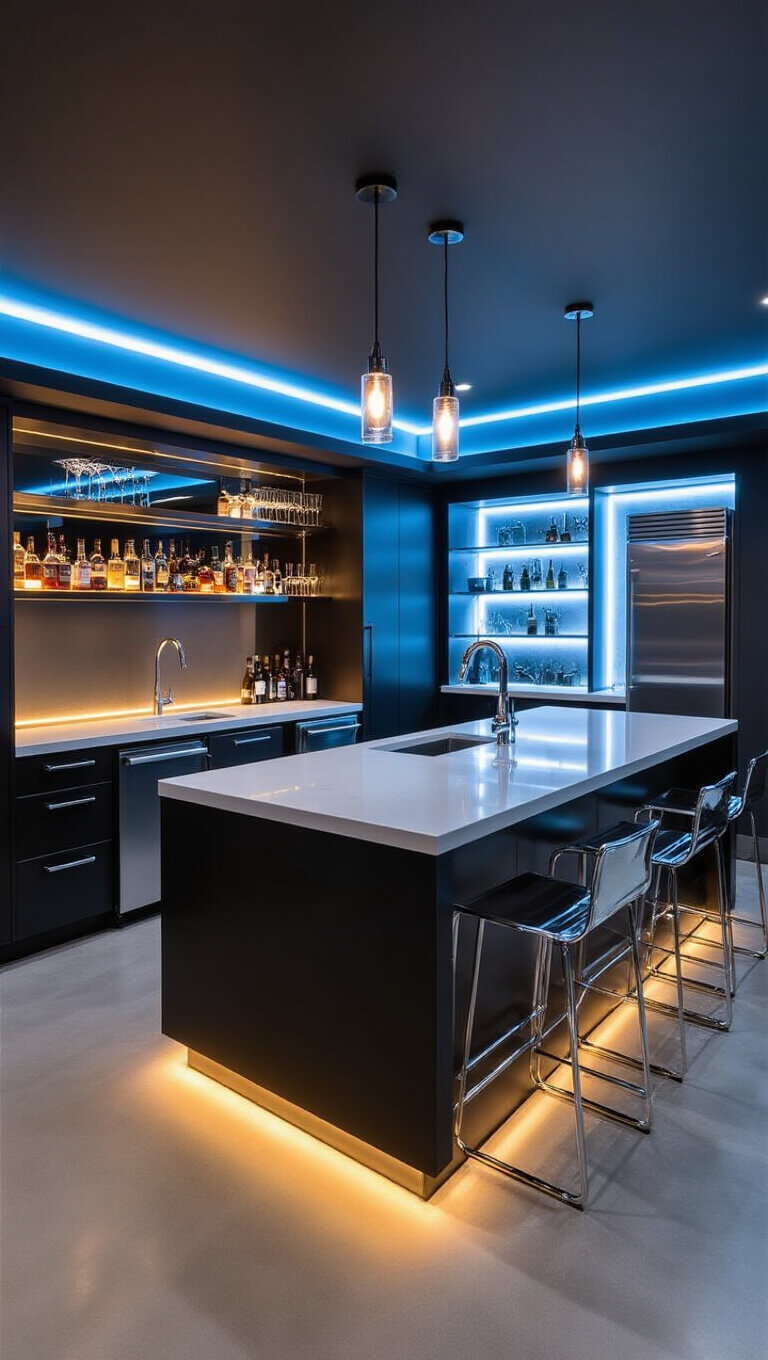 Modern basement bar with floating quartz counter, chrome stools, smoked mirror panels, and ambient LED lighting at golden hour.