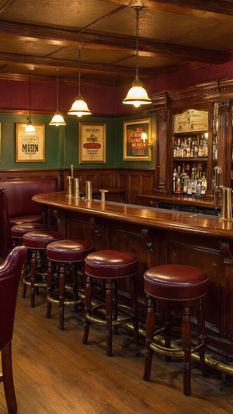 Cozy English basement pub with mahogany wainscoting, horseshoe bar, vintage lighting, leather stools, and framed beer ads on green walls.