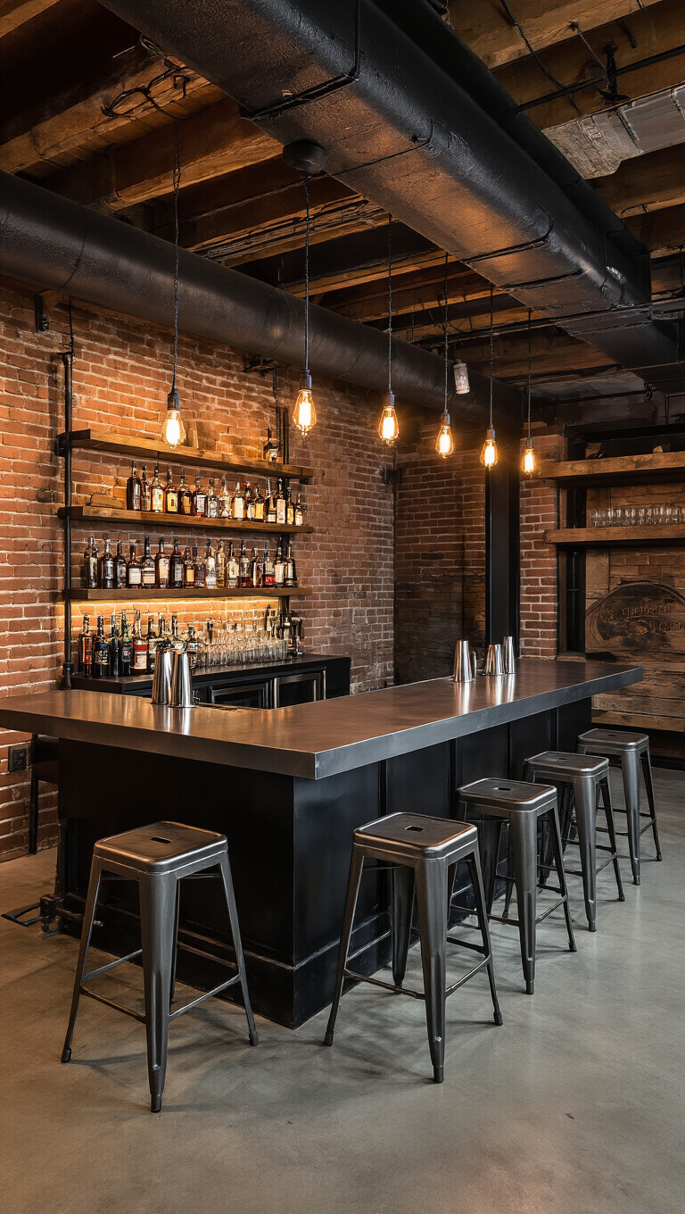 Urban basement bar with exposed brick, industrial lighting, and zinc-topped bar viewed from above at dusk.