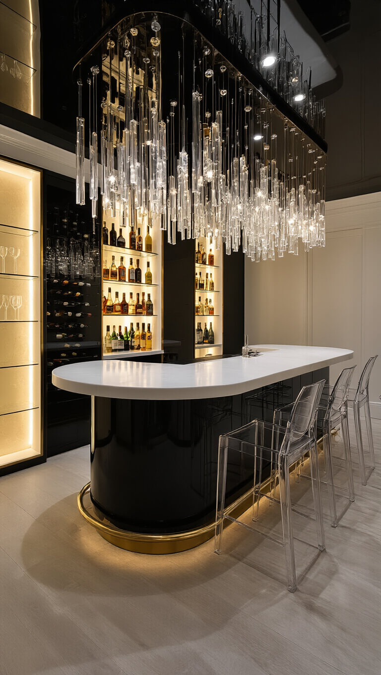 Sophisticated basement bar with backlit onyx walls, curved white Corian bar, crystal pendant lights, acrylic stools, and mirrored spirits display framed by wine walls.