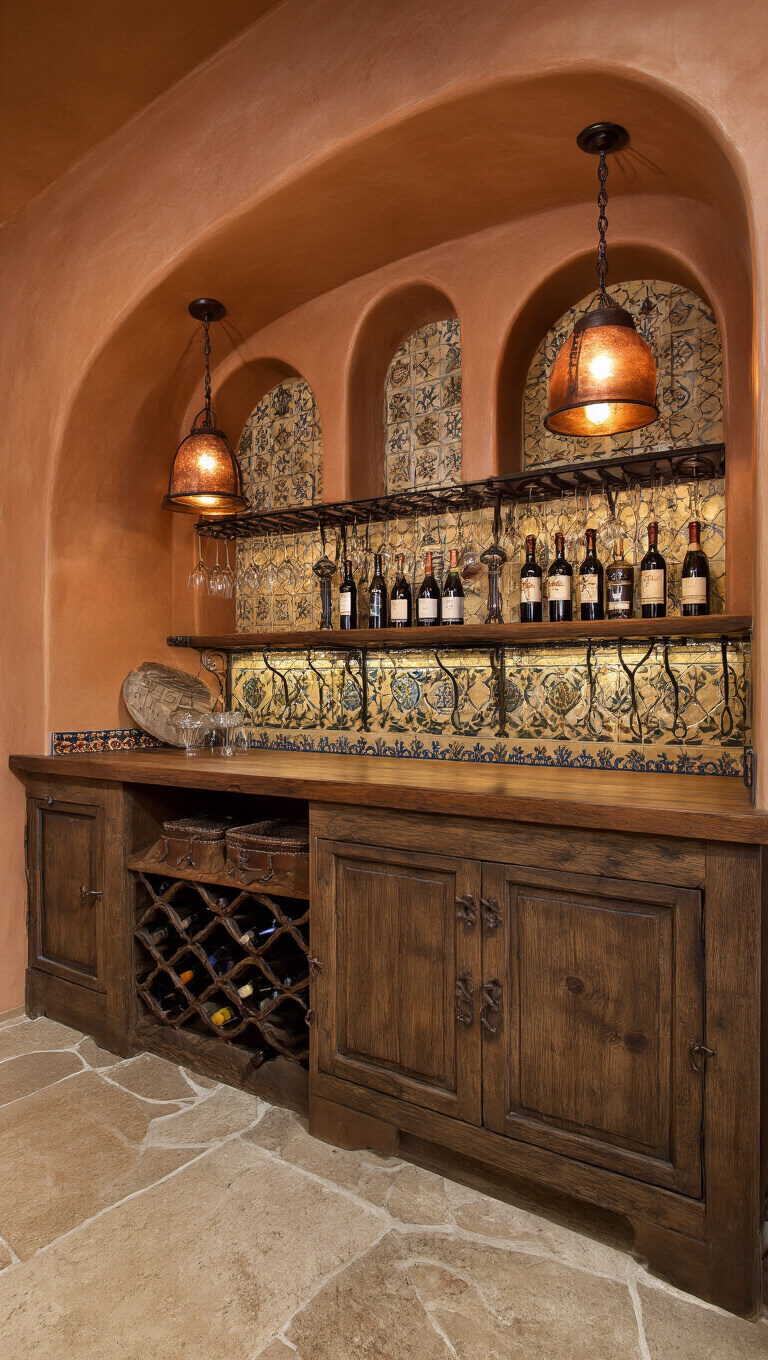 Romantic Mediterranean basement wine bar with terracotta walls, arched niches, rustic wooden bar, wrought iron wine racks, and copper lighting.