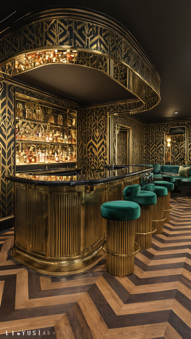 Art Deco-style basement bar with gold and black geometric wallpaper, emerald green velvet stools, fluted brass bar, and moody evening lighting.