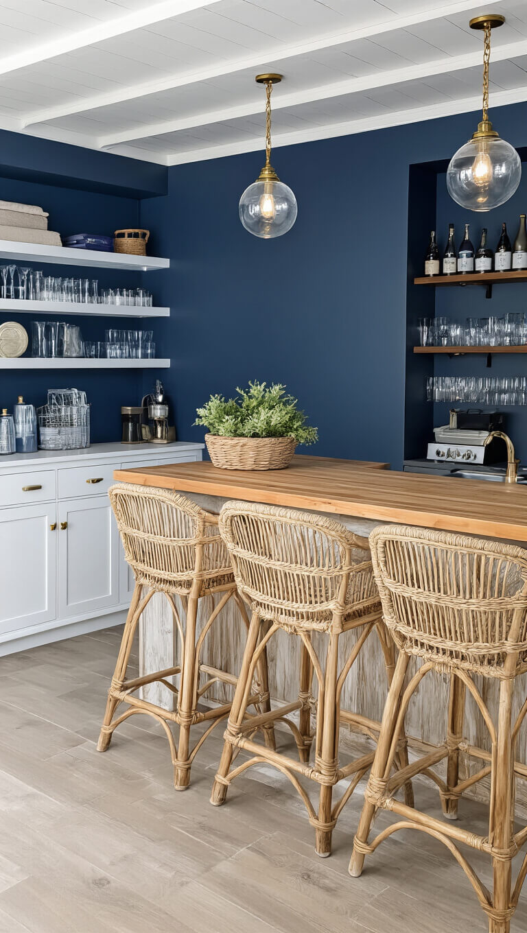 Coastal-themed basement bar with white shiplap walls, navy accent wall, driftwood bar, rattan stools, and glass globe pendant lighting.