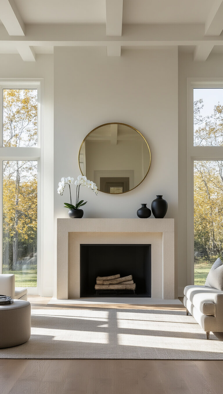 Contemporary sunlit living room with limestone fireplace, brass mirror, black ceramic décor, white orchid, oak flooring, and floor-to-ceiling windows at golden hour.