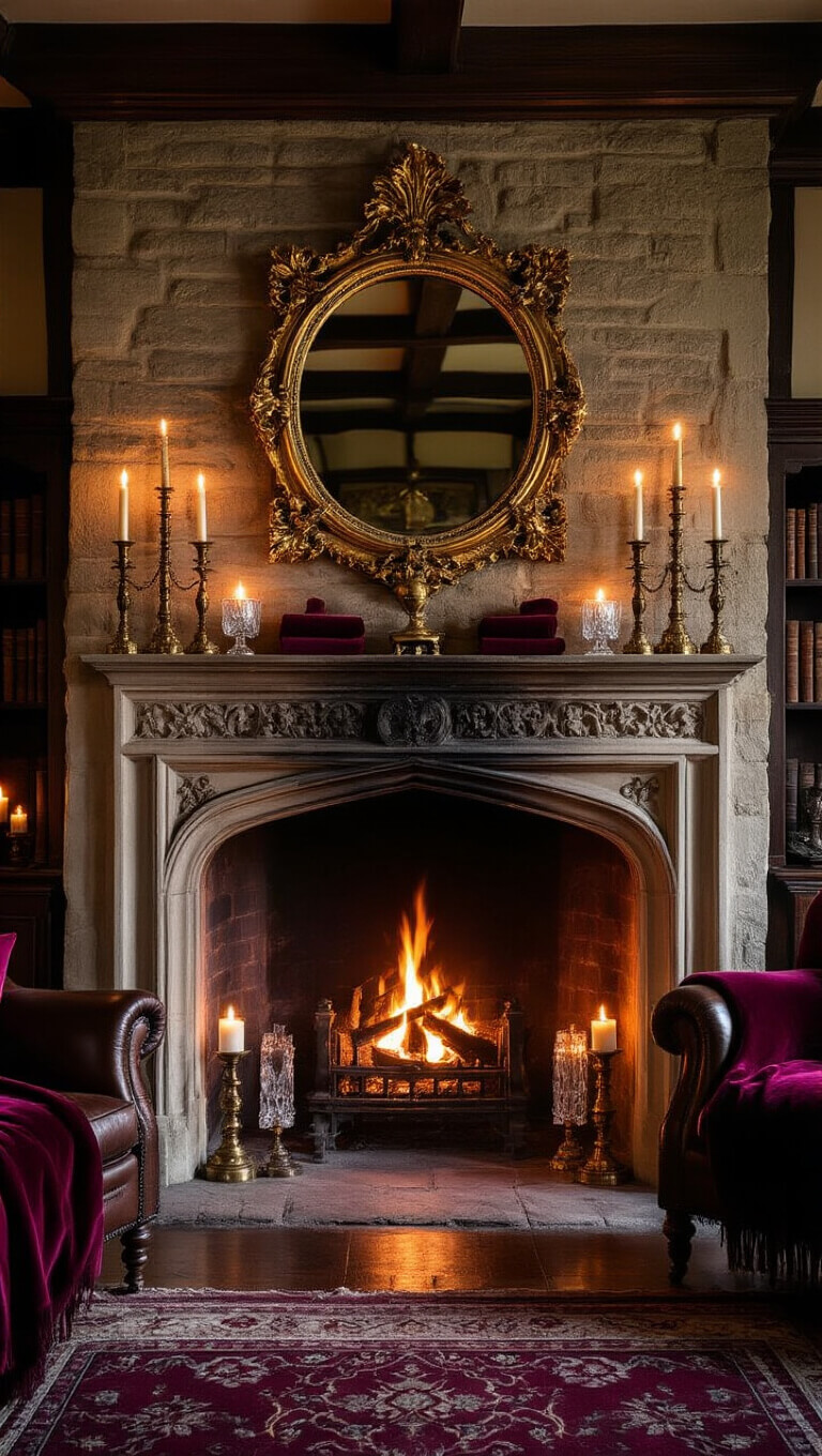 Tudor-style living room at blue hour with glowing stone fireplace, antique mirror, brass candlesticks, velvet throws, and layered textures in jewel tones.