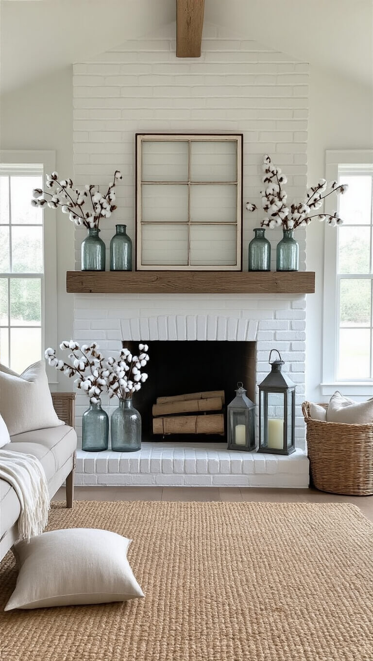 Bright farmhouse family room with whitewashed brick fireplace and rustic wooden mantel decorated with vintage accents, jute rug, and cozy linen pillows in neutral tones.