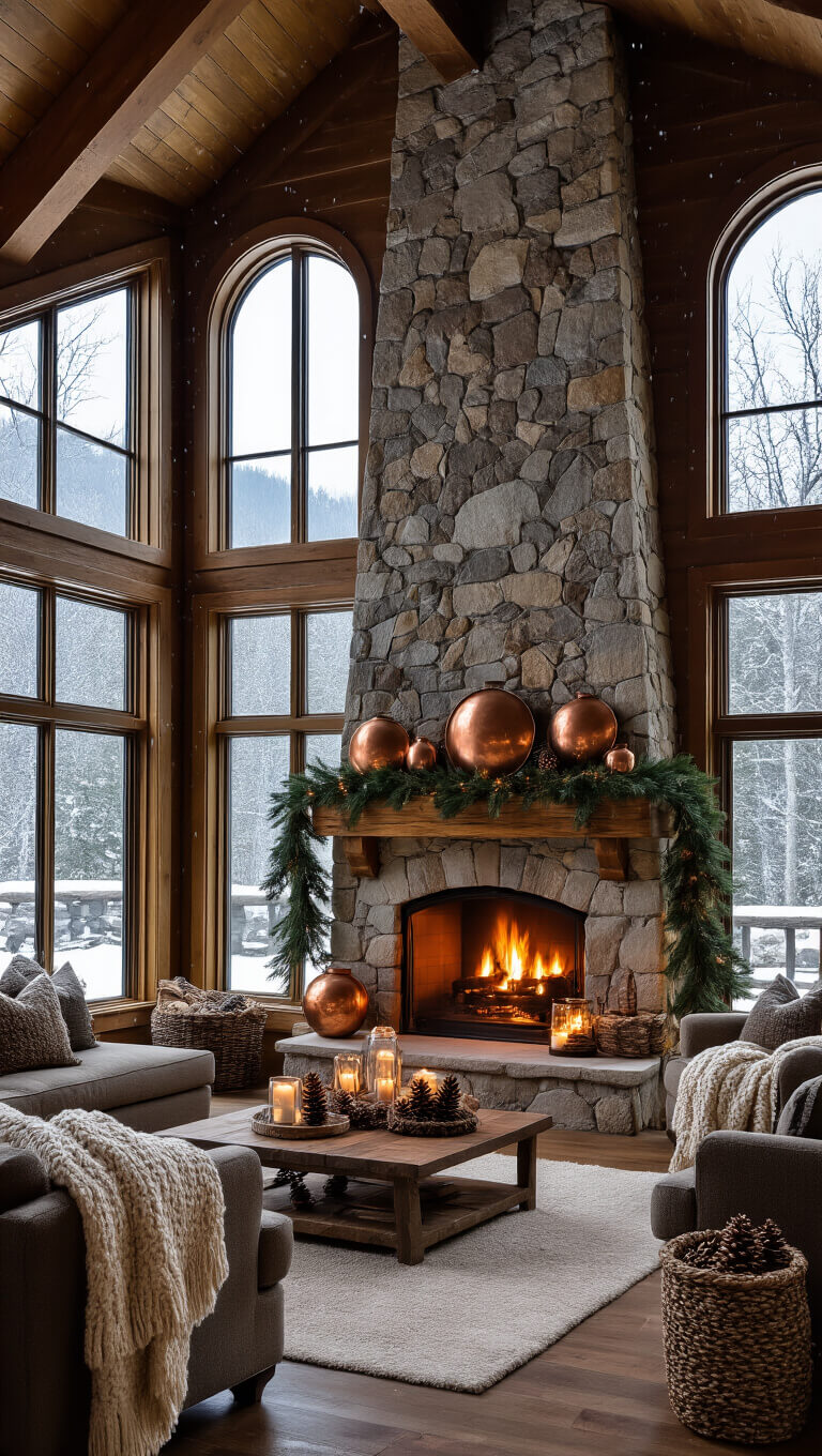 Cozy mountain lodge great room with stone fireplace, copper accents, and snowy dusk scene through arched windows.
