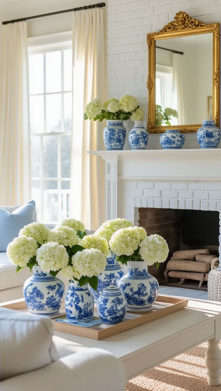 Coastal living room with white painted brick fireplace, blue-and-white vases of hydrangeas on mantel, gold mirror, and soft spring sunlight through gauzy curtains.