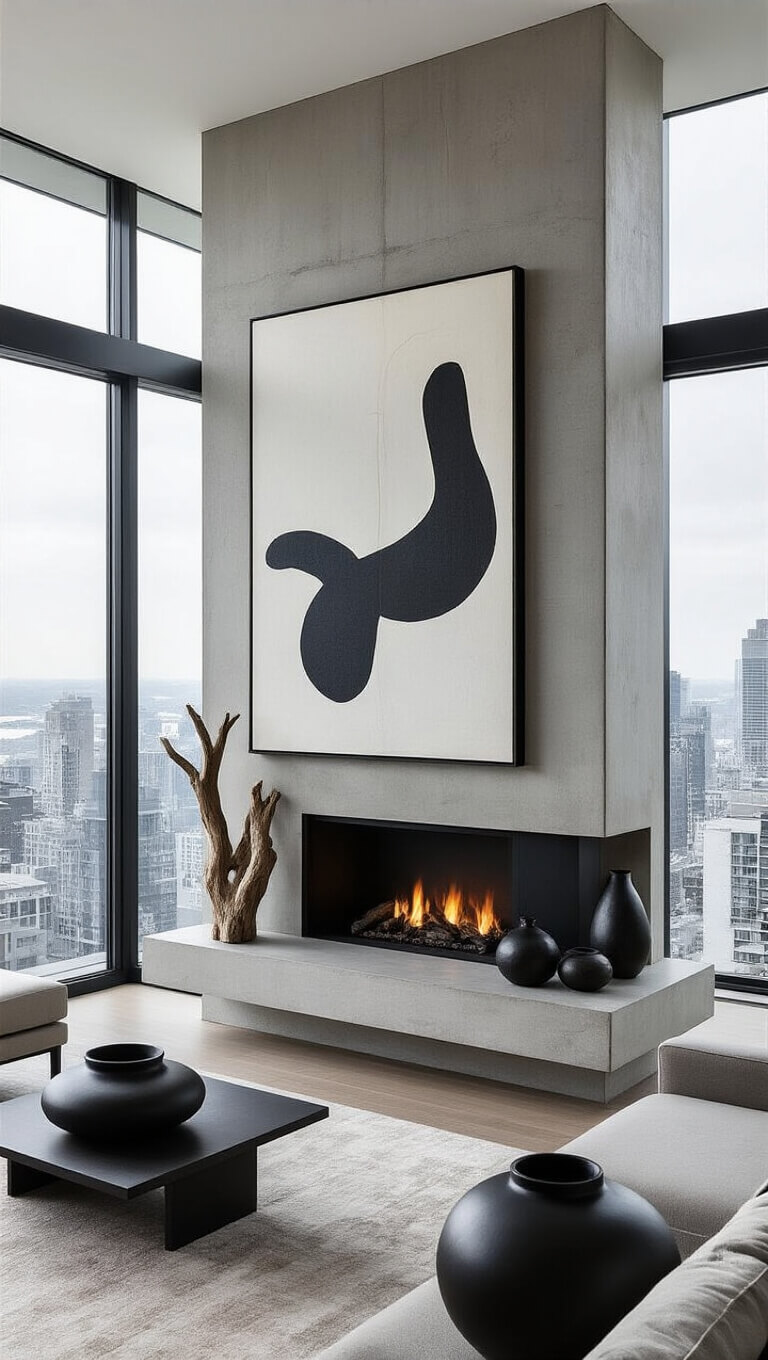 High-angle view of a modern 22x26-foot penthouse living space with a floating concrete fireplace, floor-to-ceiling windows showcasing city views, minimalist decor in monochromatic grays with sharp black accents.
