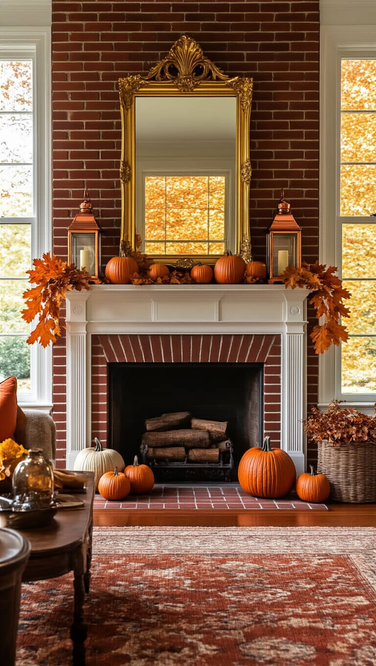 Colonial family room with red brick fireplace and autumn decor, bathed in golden afternoon light through maple trees.