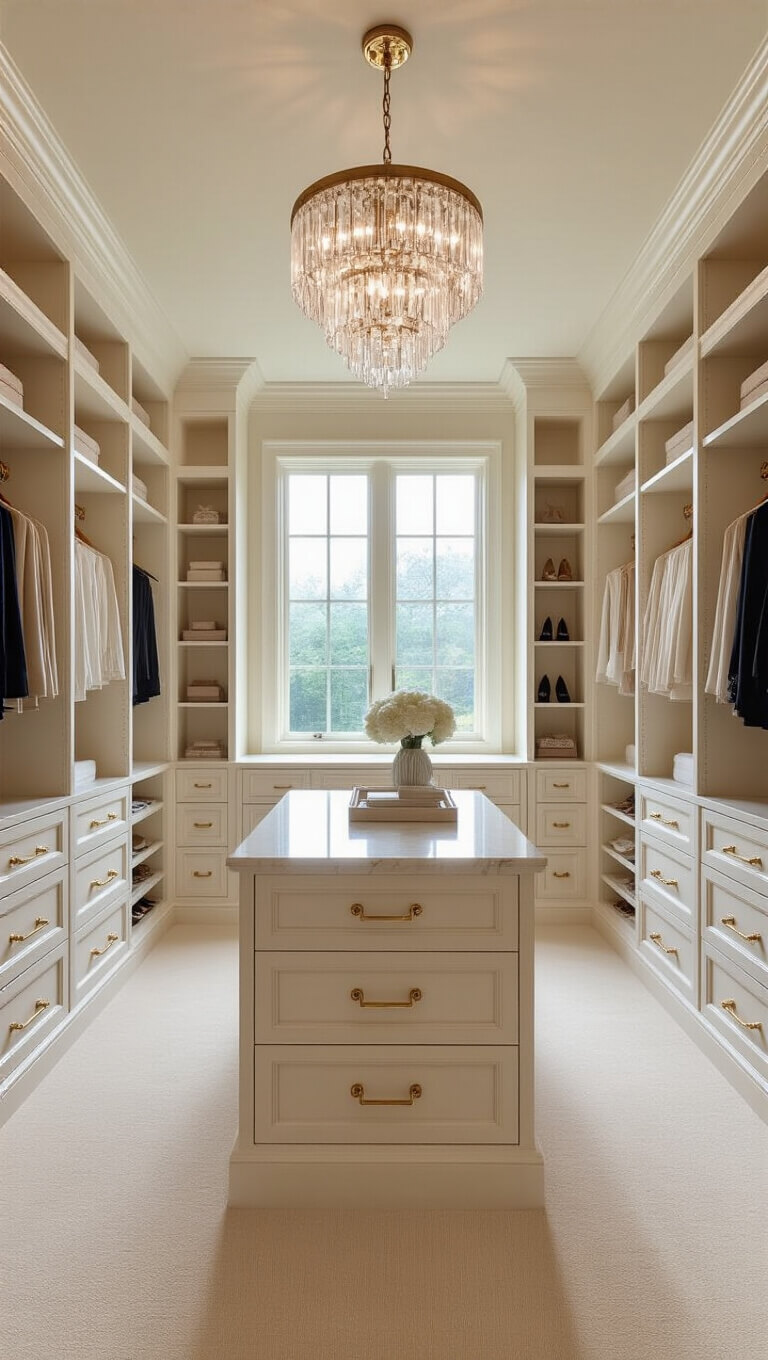 Luxurious U-shaped walk-in closet with white oak cabinetry, marble island, brass accents, and morning light from a large window.