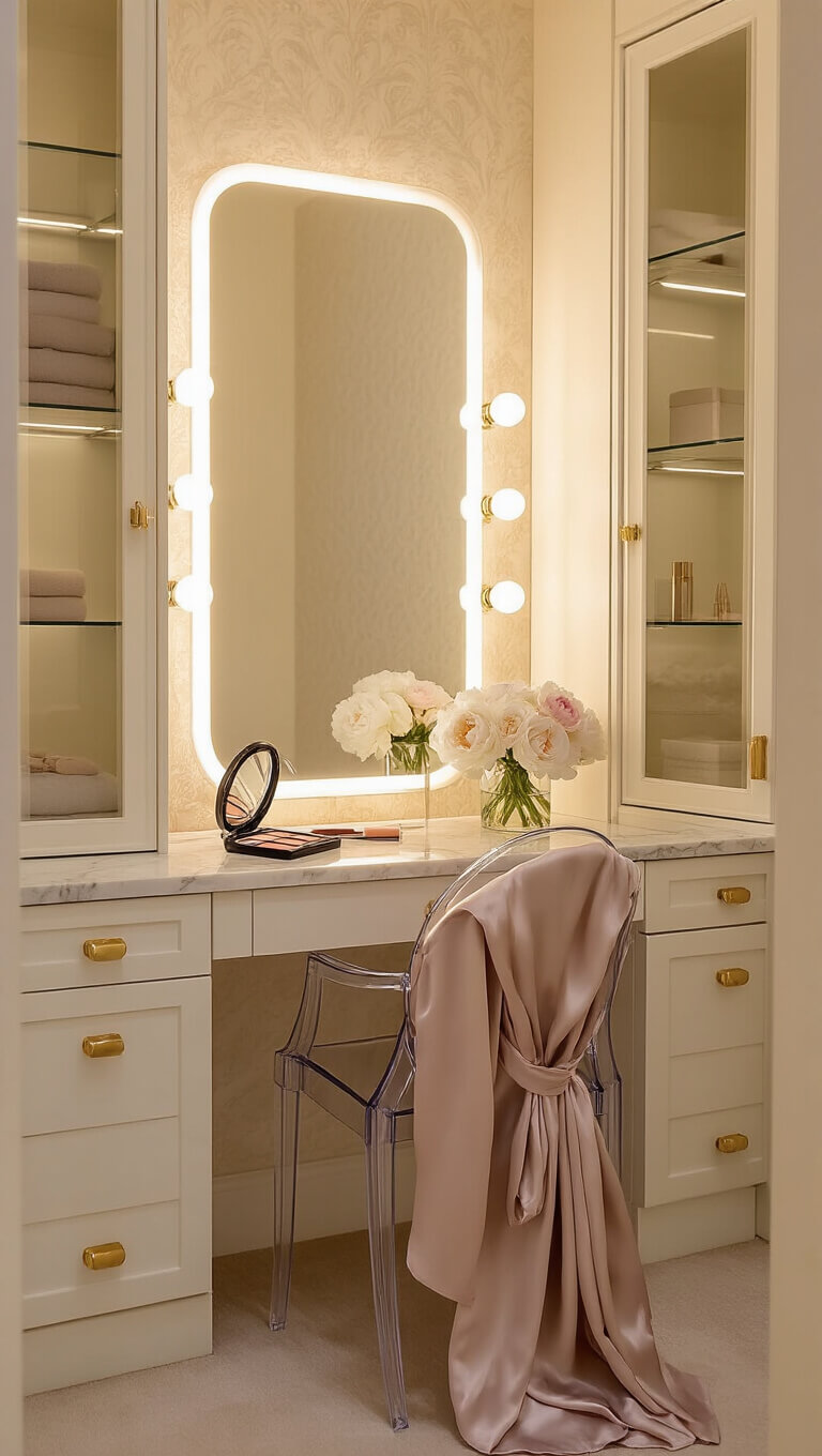 Boutique-style closet vanity at golden hour with marble counter, LED-lit glass cabinets, ghost chair draped with silk robe, and brass accents.