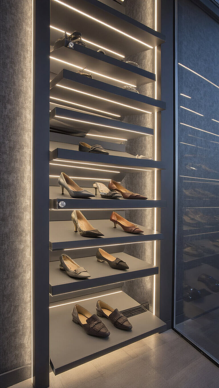 Dramatic dusk view of custom shoe display wall with illuminated charcoal shelving, designer shoes on angled platforms, metallic wallpaper, and luxe glass accents.
