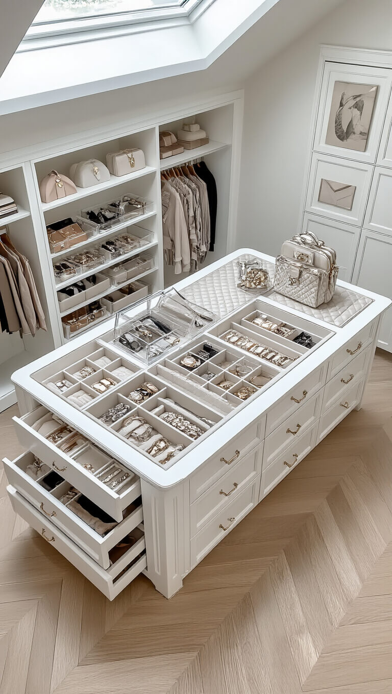 Aerial view of white lacquer closet island with leather inlay, organized drawers with acrylic dividers for accessories, under soft skylight, on chevron hardwood floor.