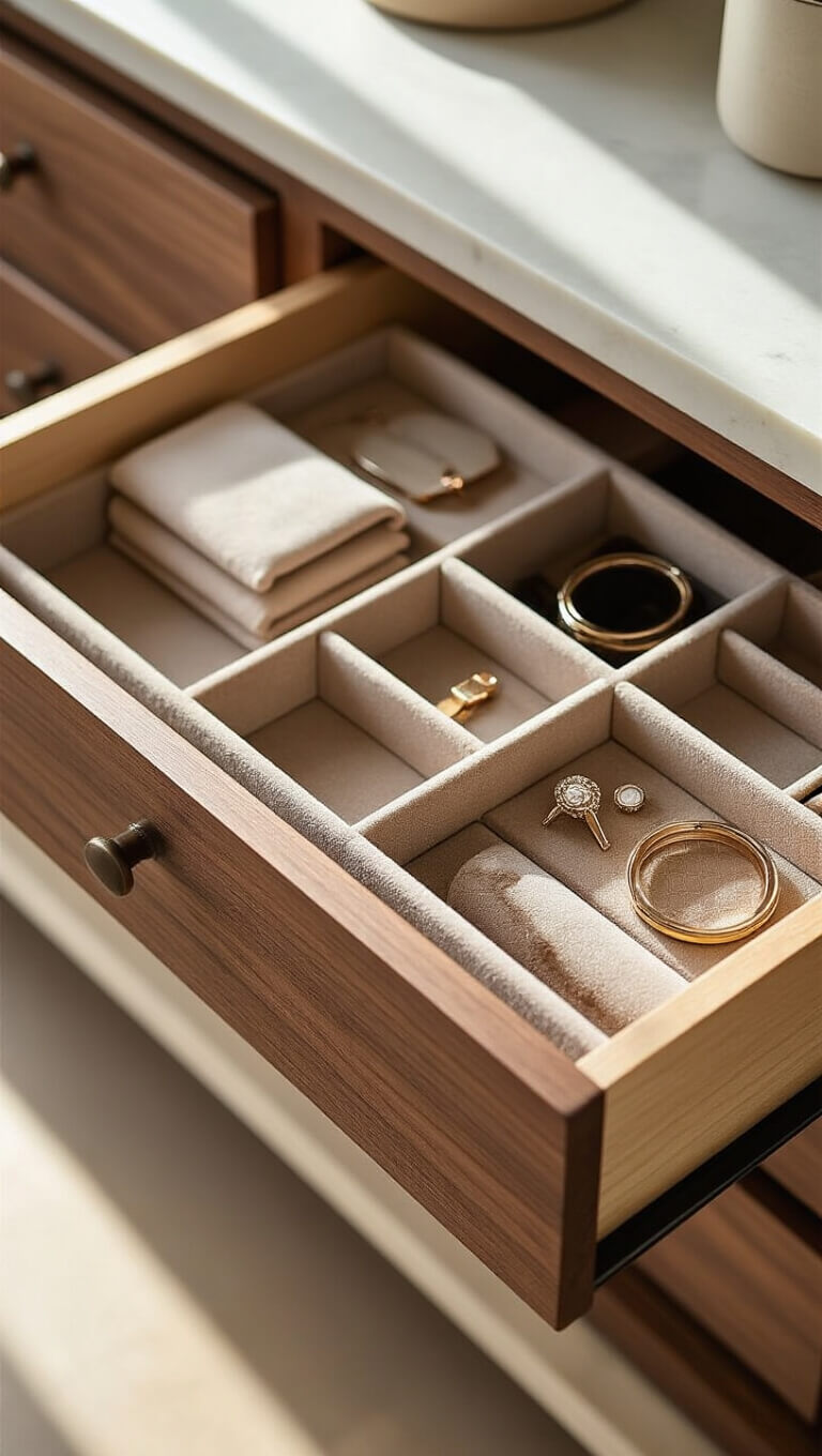Custom walnut drawer with velvet-lined compartments and adjustable dividers, neatly organizing neutral-toned accessories in soft morning light.