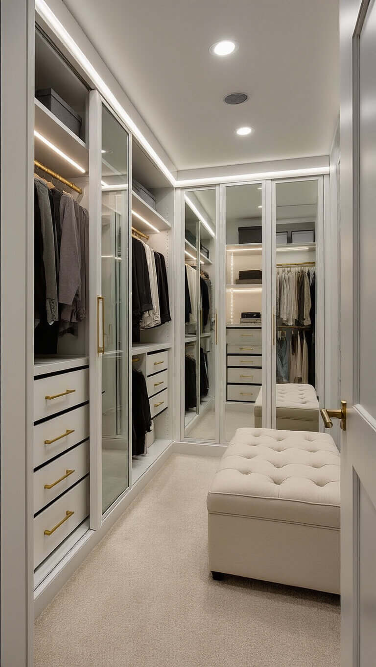 L-shaped modern closet with sliding glass doors, floor-to-ceiling mirrors, LED-lit clothing zones, white cabinetry with brushed gold hardware, and a plush ivory ottoman centered in the space.