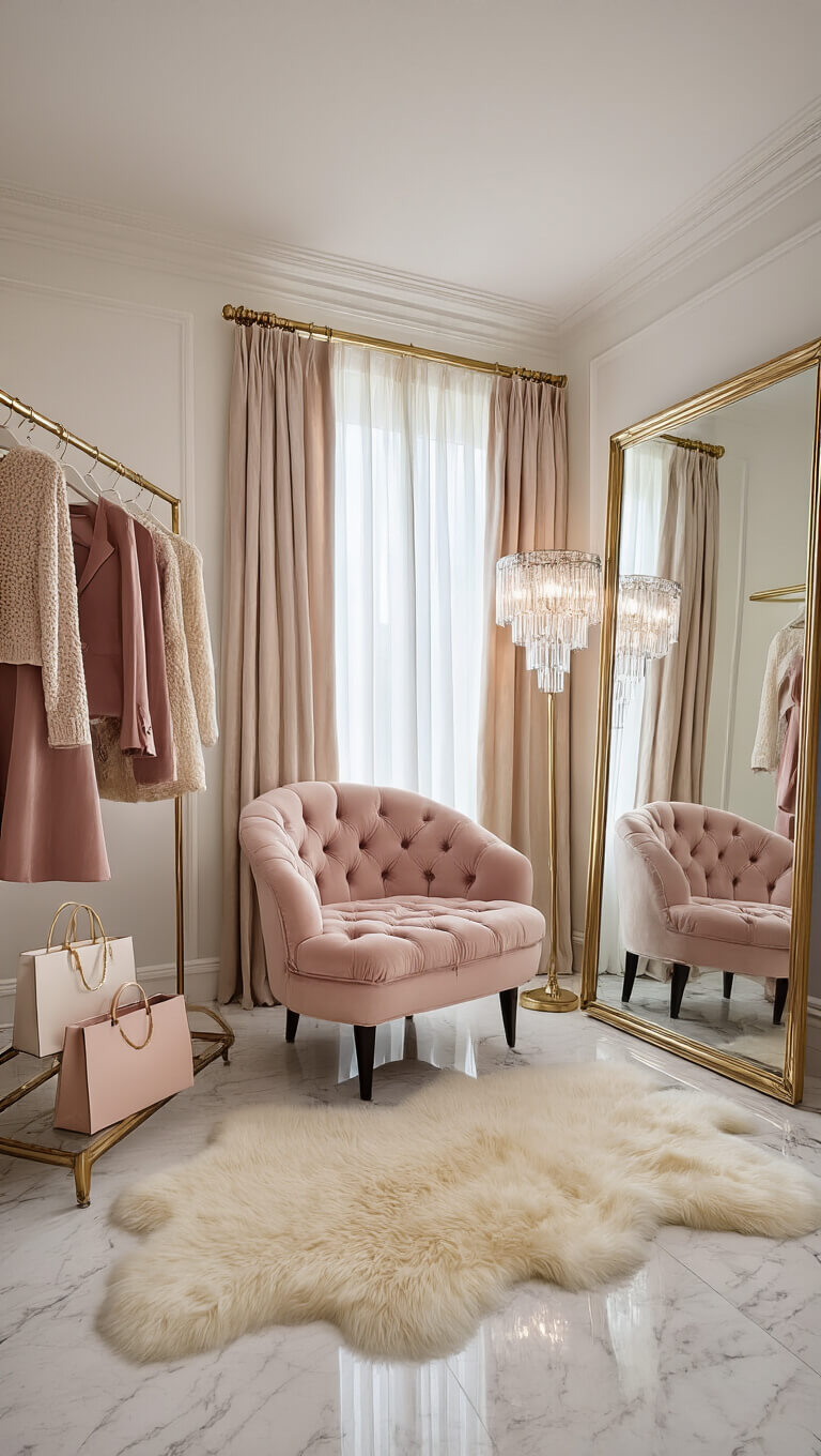 Luxury closet seating area with blush velvet chair, brass clothing rack, full-length mirror, sheepskin rug on marble floor, and natural light streaming through sheer curtains.