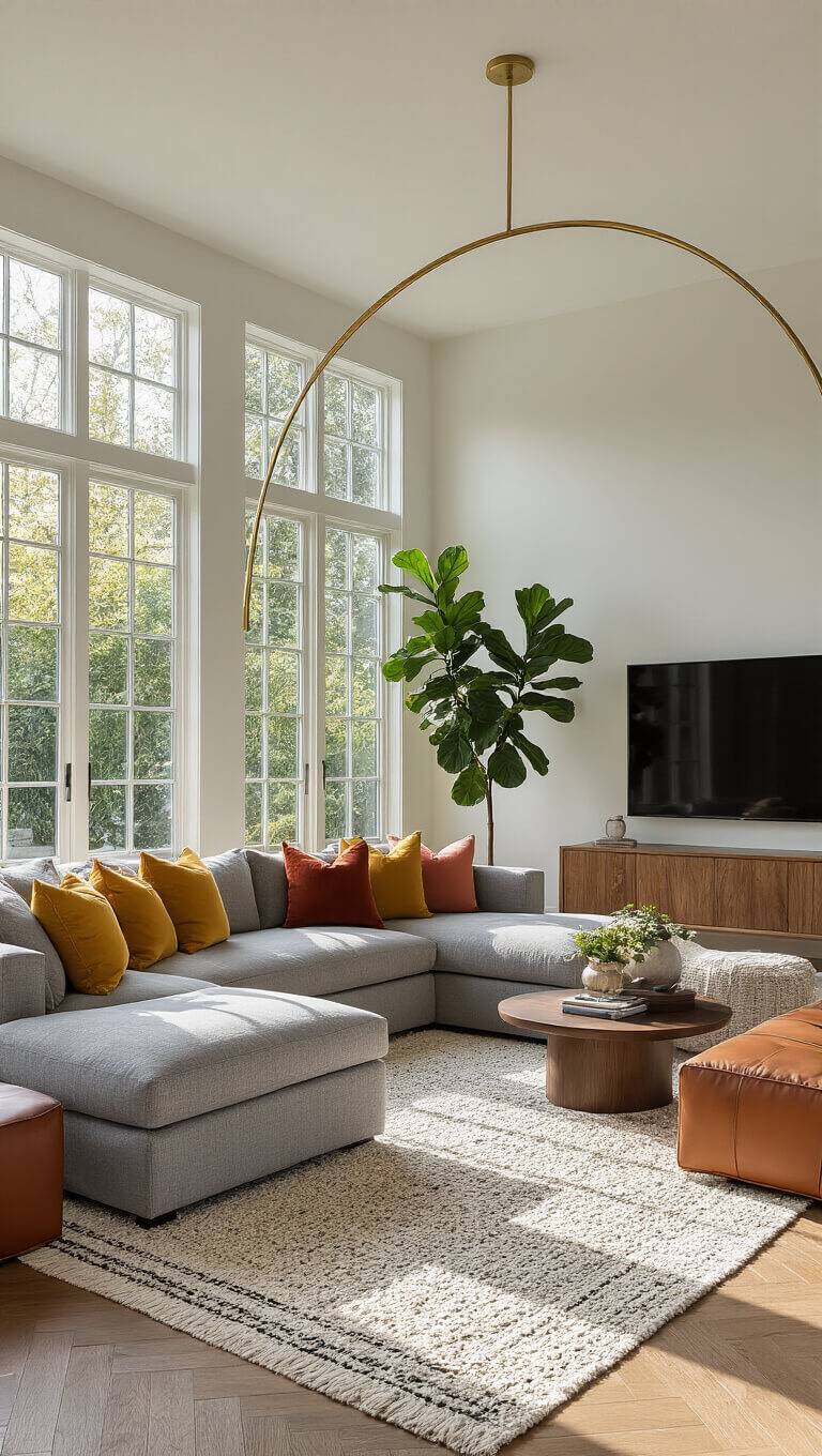 Modern grey living room with plush sectional, mustard and coral pillows, gold arc lamp, fiddle leaf fig, Persian rug, and warm golden hour lighting on herringbone floors.