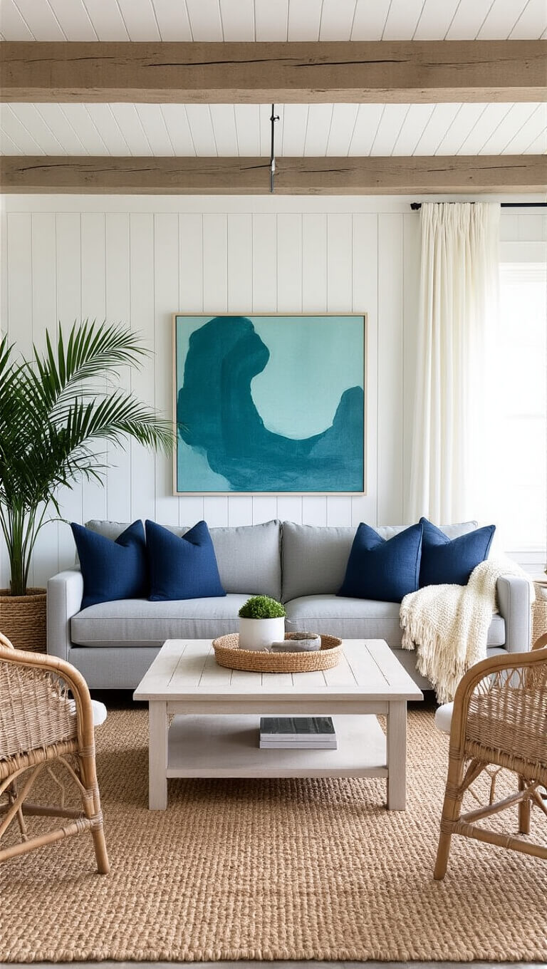 Coastal living room with shiplap walls, wooden beams, grey sofa, rattan chairs, seagrass rug, and teal accents in soft natural light.