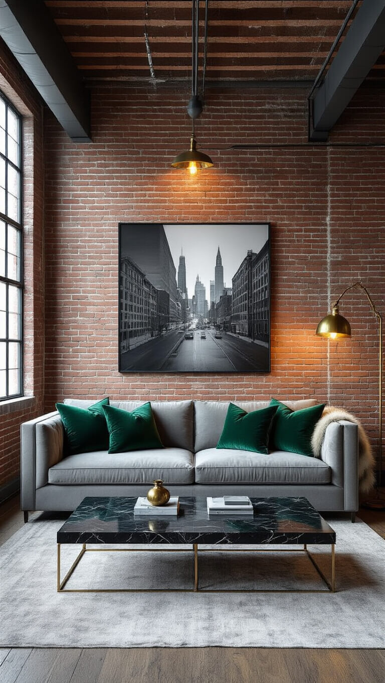 High-angle view of a dramatic 15x18ft urban loft with exposed brick wall, grey velvet sofa accented by emerald pillows and faux fur throw, black marble coffee table, brass floor lamp, and city lights visible through industrial windows at blue hour.