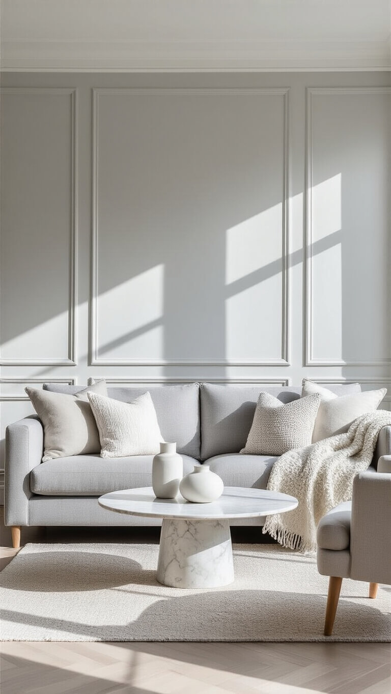 Scandinavian minimalist living room with grey IKEA Kivik sofa, pale grey walls, white and grey accents, marble coffee table, and natural linen armchairs in bright late morning light.